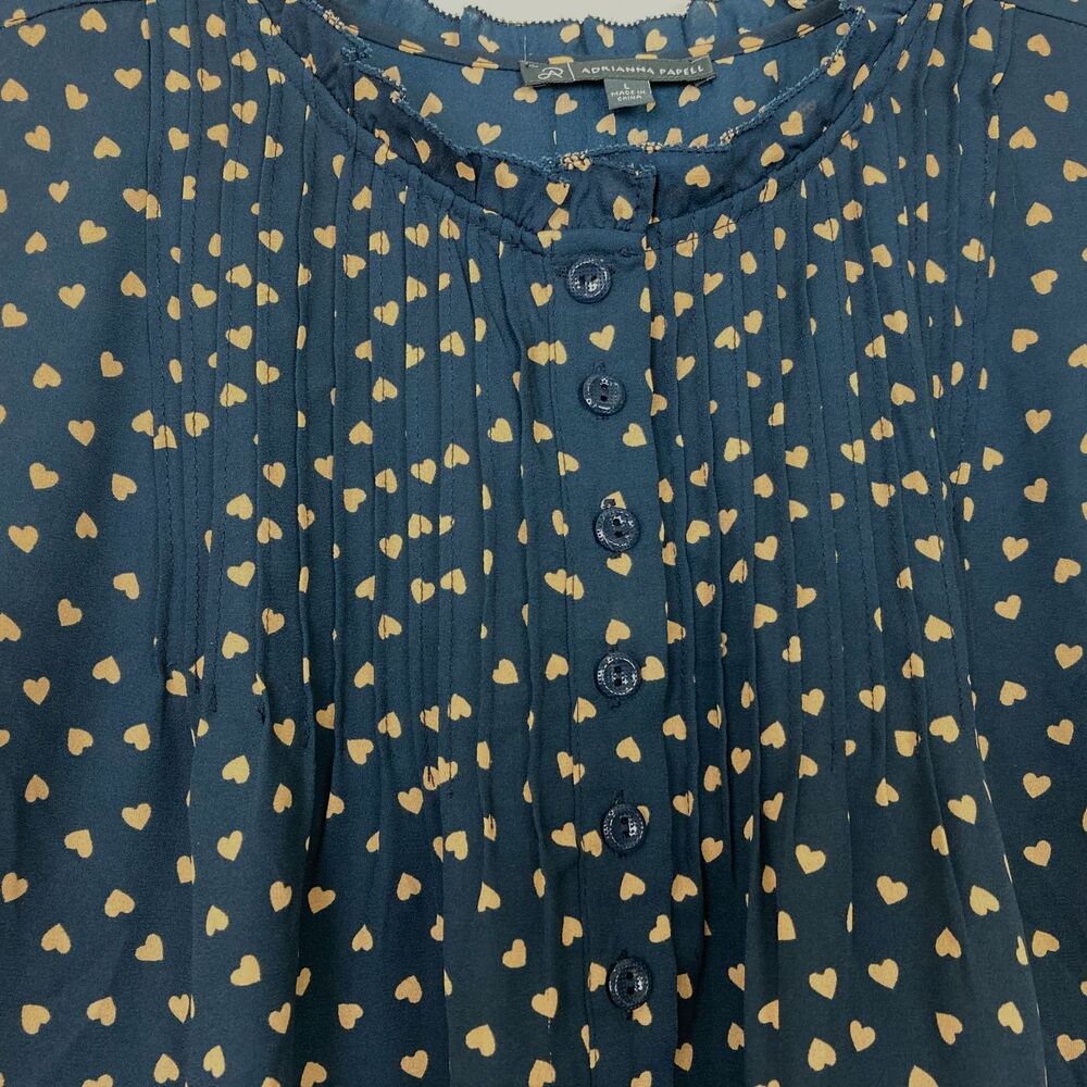 Adrianna Papell Women's Popover Blouse Size L Black Brown Hearts Office - Picture 2 of 6